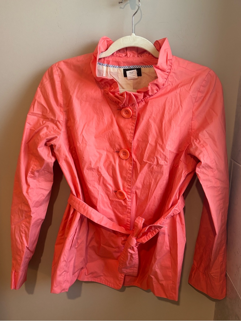 J. Crew Coral Pink Ruffle Collar Raincoat Jacket